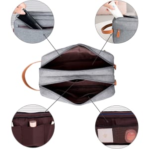 A grey toiletry bag with multiple compartments, featuring a brown handle and various items stored inside.