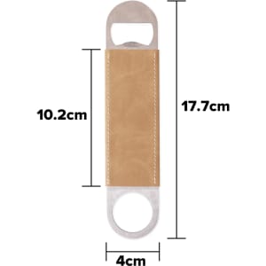 A drink bottle opener with a stainless steel design and a tan PU leather grip. It features a logo. Dimensions are provided.