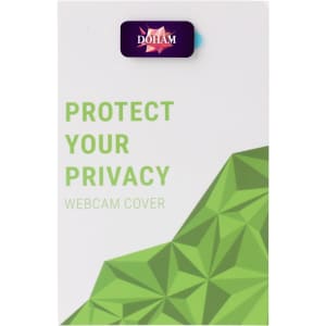 A green and white packaging for a mini webcam cover featuring a logo and geometric design.