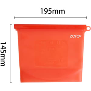 A silicone reusable storage pouch in bright red, measuring 195mm by 145mm, featuring a logo.