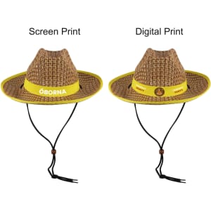 A Western straw hat featuring a woven design, yellow band, and adjustable chin strap. Two printing styles are visible.