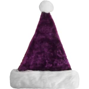 A plush Santa hat in purple with a white fur trim and a pom-pom at the top. It features a logo.