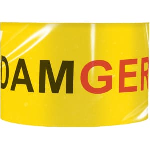 A roll of yellow barrier tape featuring bold black and red text. The tape is glossy and has a branding logo.
