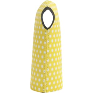 A drink bottle cooler in bright yellow with white polka dots, featuring a cut-out handle and a fitted design.