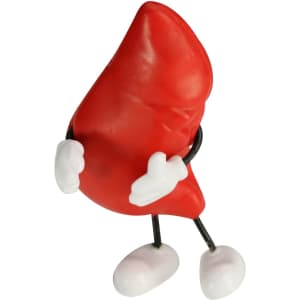 A red stress reliever shaped like a liver, featuring white hands, feet, and black wire legs.