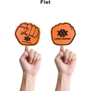 Two orange foam mitts shaped like fists, held by hands, with a logo printed on each mitt.