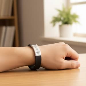 An engraved stainless steel buckle latch bracelet featuring a black band, worn on a person's wrist.