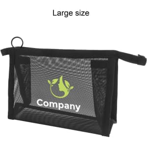 A large triangular cosmetic bag in black mesh featuring one logo on the front. The bag has multiple compartments.