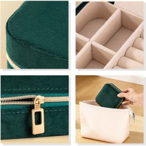 A green velvet jewellery organiser with a zip closure and compartments for storing items. Includes a light-coloured inner lining.