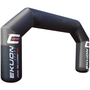 A large inflatable arch in black with a branding logo, designed for exhibitions and events.