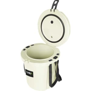 A 15L ice bucket in light green with a black handle and a lid, featuring a logo on the front.