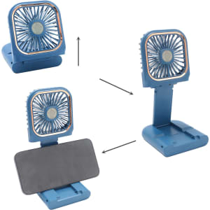 A blue folding neck fan with a phone stand, featuring adjustable angles and a simple design.