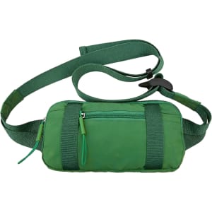 A green travel fanny pack with adjustable straps and a zippered front pocket, featuring a logo.