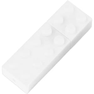 A stackable white brick-shaped flash drive with a smooth finish and circular indentations.