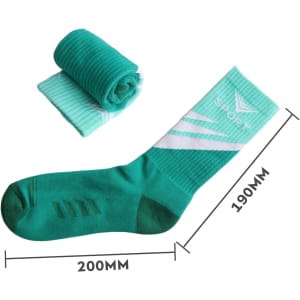 Crew woven sport socks in teal, featuring a towel bottom and a rolled version beside it. Includes a logo.