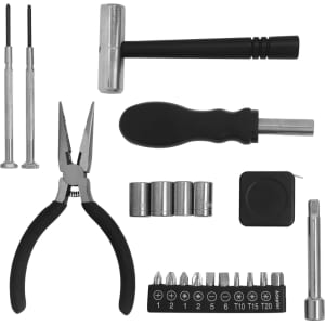 A padlock-shaped toolkit featuring silver tools, black pliers, and various screws and bits arranged neatly.