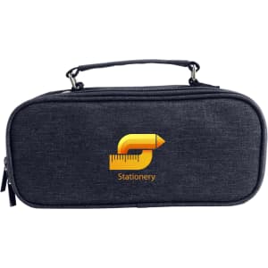 A navy pencil case with compartments and a handle, featuring a logo on the front.