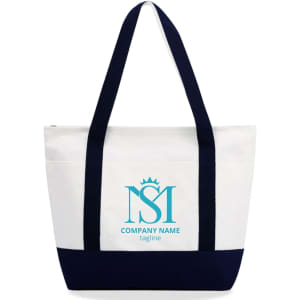 A small canvas tote bag in white and navy blue, featuring a logo on the front.