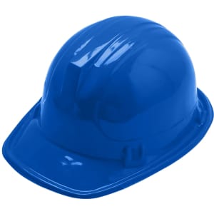 A blue PVC construction hat with a glossy finish, featuring an internal band for comfort and a brim for protection.