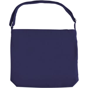 A navy canvas tote bag with a long strap and a simple design. It features a logo on the front.