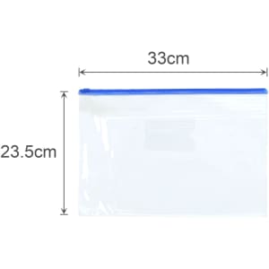 A transparent A4 file bag with a blue zip, measuring 33cm by 23.5cm, featuring a logo.
