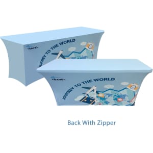 Stretch table covers with zipper in light blue, featuring a design and logo, ideal for 4ft tables.