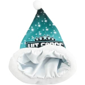 A full-colour premium Santa hat featuring a teal design and a white plush lining. It includes branding on the front.