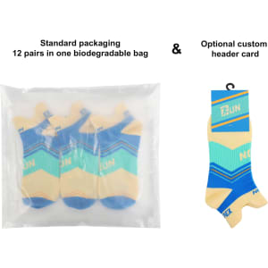 A pack of "No Show Running Socks" in blue and cream, displayed in biodegradable packaging with a custom header card option.