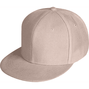 A beige 6-panel trucker cap with a flat brim and a logo on the side.