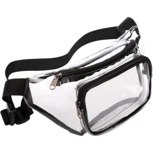 A clear fanny pack with a black adjustable strap and zippered compartments for storage.