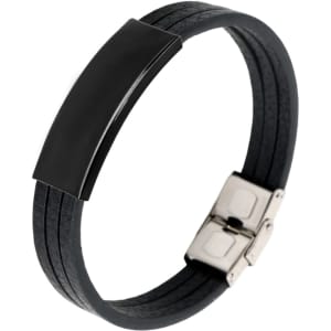 A black multi-layer leather bracelet with a sleek metal clasp and a smooth black metal plate.