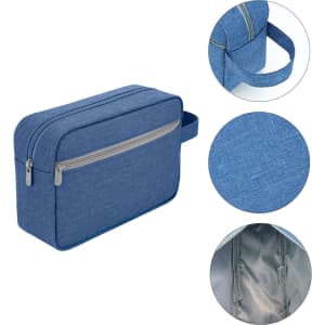 A blue toiletry bag with a handle, featuring a zip closure and a smooth interior lining. It has a simple design and a logo.