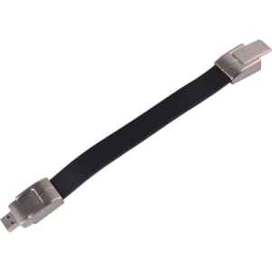 A black leather bracelet flash drive with silver metal ends, also featuring a logo.