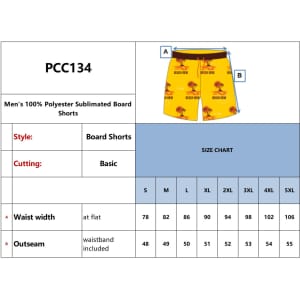 Men's polyester board shorts in yellow with a tree design, featuring a logo and size chart.