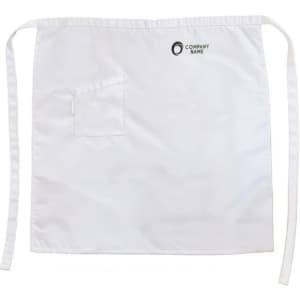 A white half apron made of 100% polyester with a pocket and a logo.