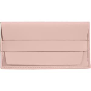 A light pink PU leather glasses pouch with a fold-over flap and simple design. It features a logo.