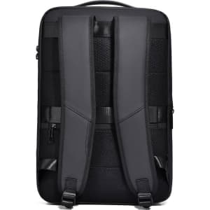 A black expandable hardshell backpack with padded shoulder straps and a structured back panel. Features a logo.
