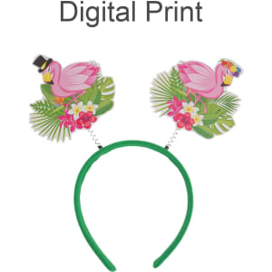 A headband with green fabric featuring pink flamingo decorations and tropical leaf designs on either side.