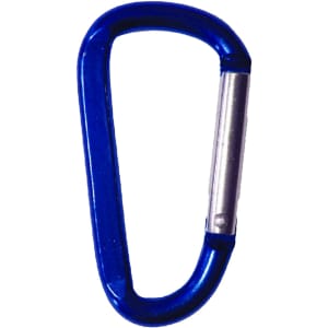 A blue 6cm carabiner with a silver metal section, featuring a logo on one side. Suitable for keyrings and tools.