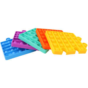 A stack of Puzzle Shape Pop It fidget toys in purple, blue, green, orange, and yellow colours.