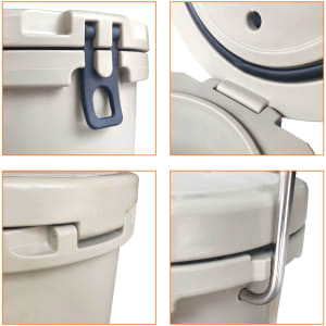 A cream-coloured ice bucket with a handle and secure lid, featuring a logo and multiple close-up views of its design.
