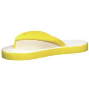 A yellow and white flip-flop shaped stress reliever with a simple design and a logo on it.