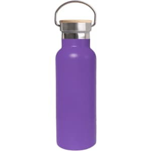 A drink bottle featuring a vibrant purple finish, double wall vacuum insulation, and a bamboo lid with a metal handle.