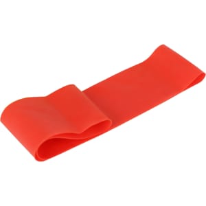 A red latex fitness resistance band, designed for exercise and training, laying flat on a white background.