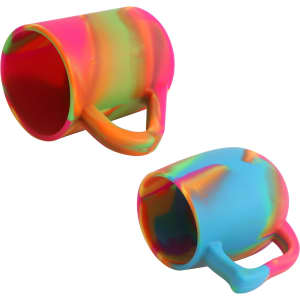 Two colourful custom silicone mugs, one in vibrant multi-colours and the other in blue, featuring a logo.