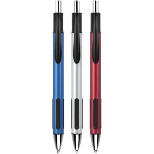 Three plastic pens in blue, silver, and red, featuring black grips and chrome accents. Includes a logo on each pen.