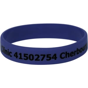 A blue silicone wristband featuring black text and a logo. Ideal for promotions or events.