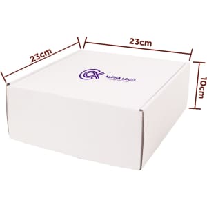 A large white shipping box with dimensions of 23cm x 23cm x 10cm, featuring a logo on the surface.