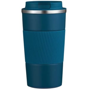 A stainless steel travel coffee mug in teal with a ribbed silicone grip and a lid. It features a logo.