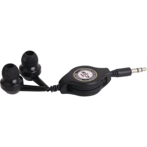 A pair of retractable black earbuds with a coiled cable and a 3.5mm jack, featuring a circular logo.